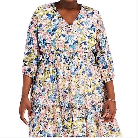 NEW Taylor Floral Print Chiffon Dress Smocked Waist V-Neck A-Line Tiered 20W NWT - Picture 2 of 16